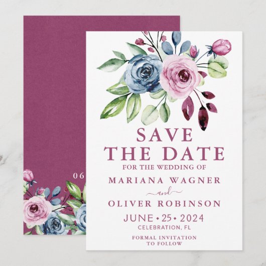 Save the Date Navy Blue Wijn Waterverf Bloemstuk Kaart (Voorkant / Achterkant)