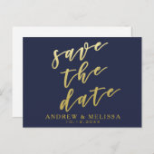 Save the date | Navy & Faux Gold Script-Briefkaart Aankondigingskaart (Voorkant / Achterkant)