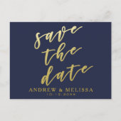 Save the date | Navy & Faux Gold Script-Briefkaart Aankondigingskaart (Voorkant)