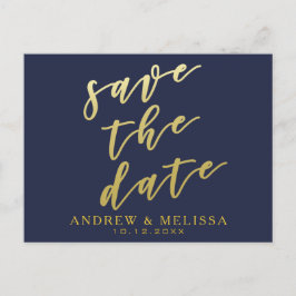 Save the date | Navy & Faux Gold Script-Briefkaart Aankondigingskaart