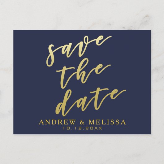 Save the date | Navy & Faux Gold Script-Briefkaart Aankondigingskaart (Voorkant)