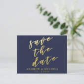 Save the date | Navy & Faux Gold Script-Briefkaart Aankondigingskaart (Staand voorkant)