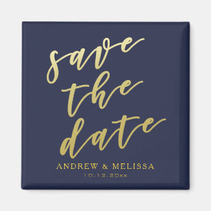 Save the date Navy & Faux Gold Script Magneet