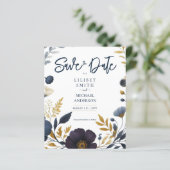 Save the Date Navy Geel Goud Bloemen Elegant (Staand voorkant)