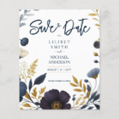 Save the Date Navy Geel Goud Bloemen Elegant (Voorkant)
