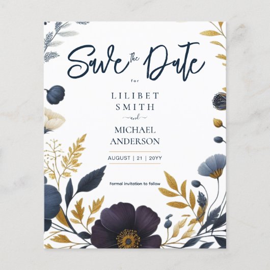 Save the Date Navy Geel Goud Bloemen Elegant (Voorkant)