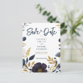 Save the Date Navy Geel Goud Bloemen Elegant Briefkaart (Staand voorkant)