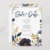 Save the Date Navy Geel Goud Bloemen Elegant Briefkaart (Voorkant / Achterkant)