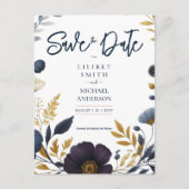 Save the Date Navy Geel Goud Bloemen Elegant Briefkaart (Voorkant)