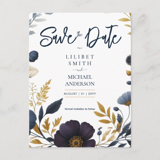 Save the Date Navy Geel Goud Bloemen Elegant Briefkaart (Voorkant)