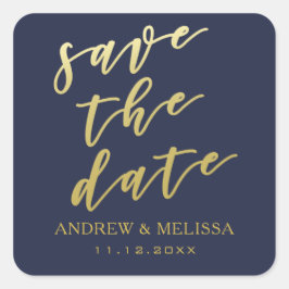 Save the date | Navy & Gold Script Wedding Sticker