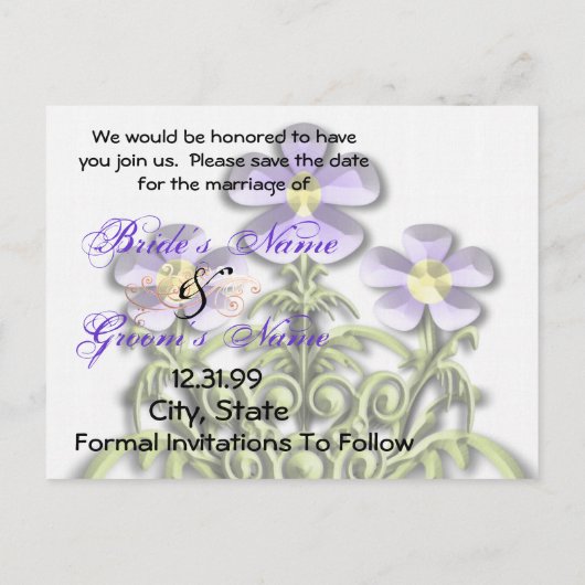 Save The Date - Paarse en gele madeliefjes Aankondigingskaart (Achterkant)