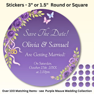 Save The Date -Paarse Mauve Bloemen & Wit Ronde Sticker