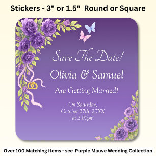 Save The Date -Paarse Mauve Bloemen & Wit Vierkante Sticker