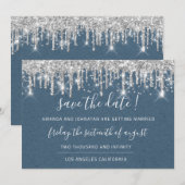 Save The Date Papier Kraft Zilver Grijs Drip Blauw (Voorkant / Achterkant)