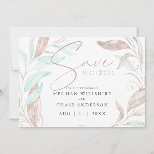 Save the date | Pastel Coral Aqua Leaves (Voorkant)
