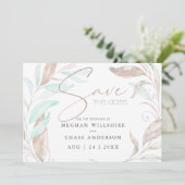 Save the date | Pastel Coral Aqua Leaves (Staand voorkant)