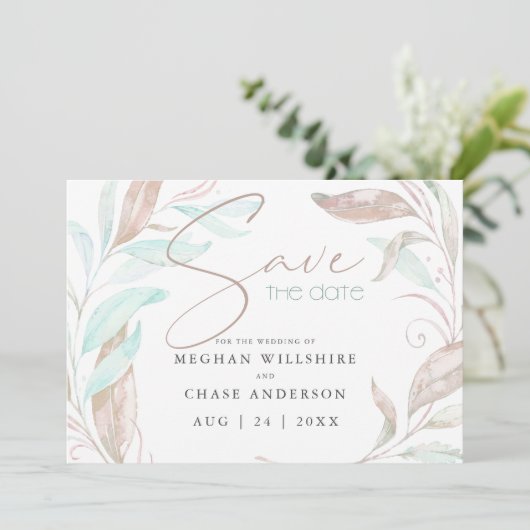 Save the date | Pastel Coral Aqua Leaves (Staand voorkant)