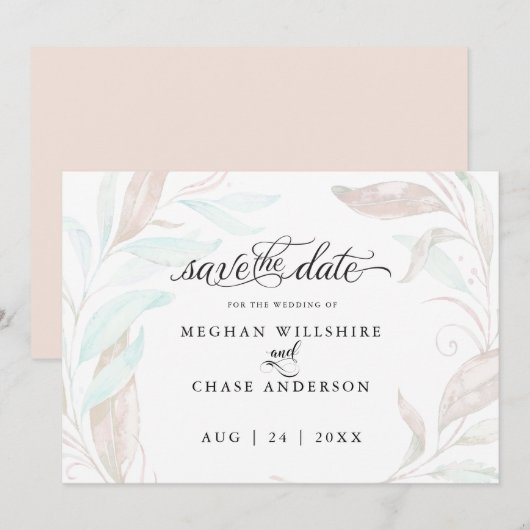 Save the date | Pastel Coral Aqua Leaves (Voorkant / Achterkant)