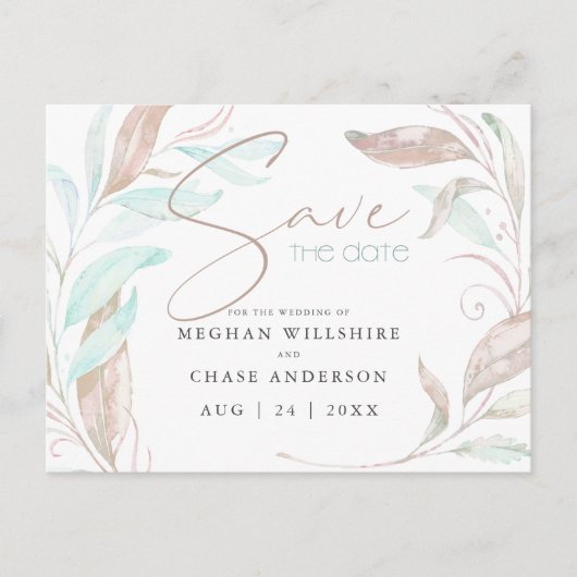 Save the date | Pastel Coral Aqua Leaves Briefkaart (Voorkant)