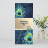 Save the date. Peacock Feather Navy Blue Gold Kaart (Staand voorkant)
