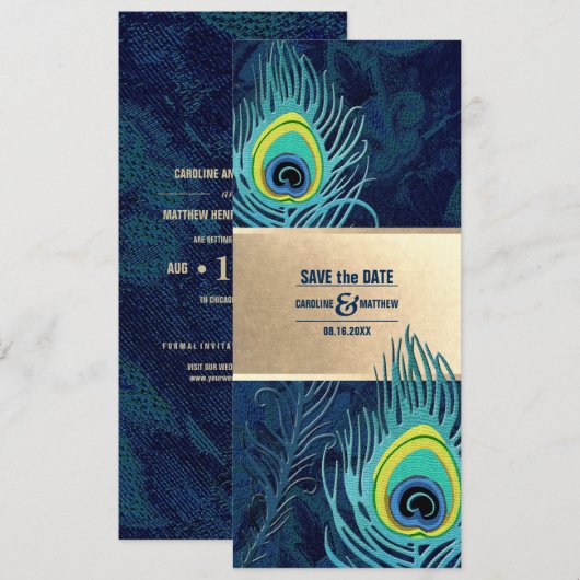 Save the date. Peacock Feather Navy Blue Gold Kaart (Voorkant / Achterkant)