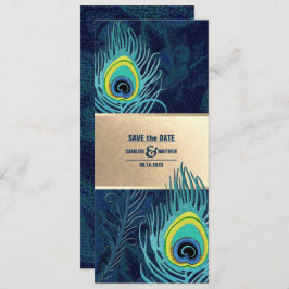 Save the date. Peacock Feather Navy Blue Gold Kaart