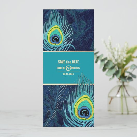 Save the date. Peacock Navy Blue Gold Wedding Kaart (Staand voorkant)