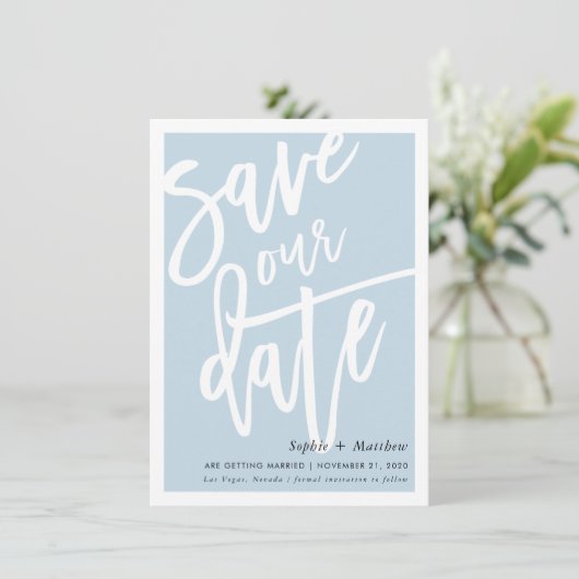 SAVE THE DATE penseel geletterd script eend ei bla Kaart (Staand voorkant)