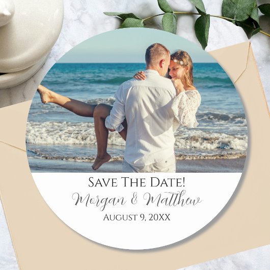 Save The Date Personaliseer Foto & Namen Ronde Sticker