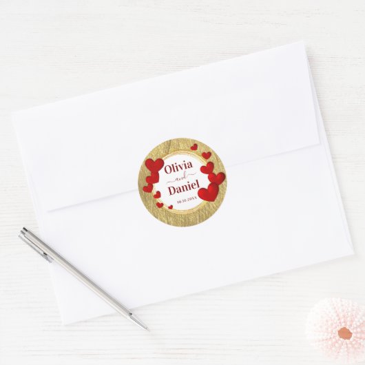 Save the Date, Personalized Wedding Red Hearts  Ronde Sticker (Envelop)