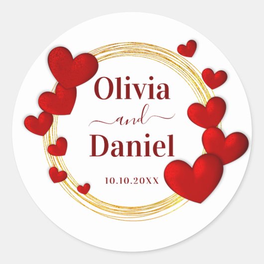 Save the Date, Personalized Wedding Red Hearts  Ronde Sticker (Voorkant)
