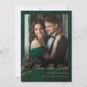 Save The Date Photo Botanical Emerald Gold Wedding Kaart (Voorkant)