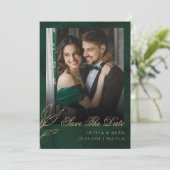 Save The Date Photo Botanical Emerald Gold Wedding Kaart (Staand voorkant)