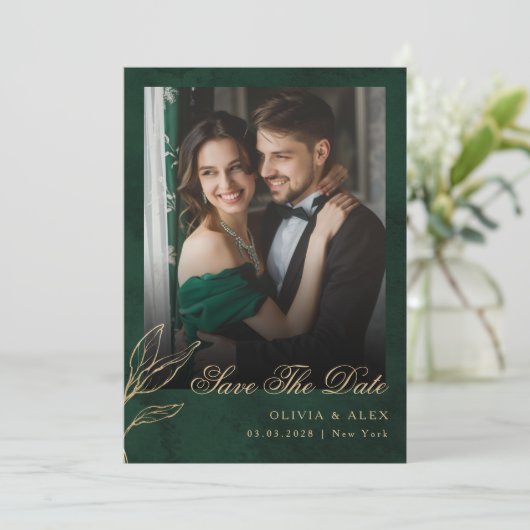 Save The Date Photo Botanical Emerald Gold Wedding Kaart (Staand voorkant)