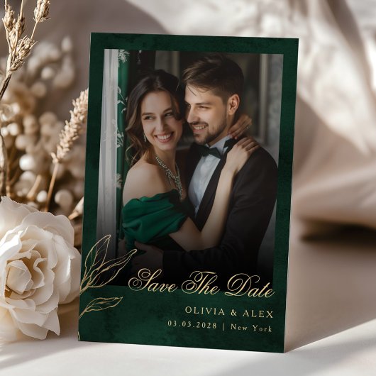 Save The Date Photo Botanical Emerald Gold Wedding Kaart