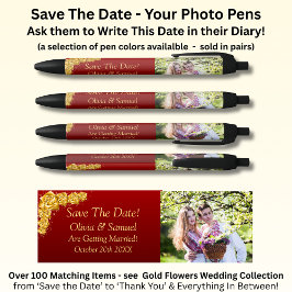 Save The Date - Photo + Gold Flowers Maroon Red Zwarte Inkt Pen