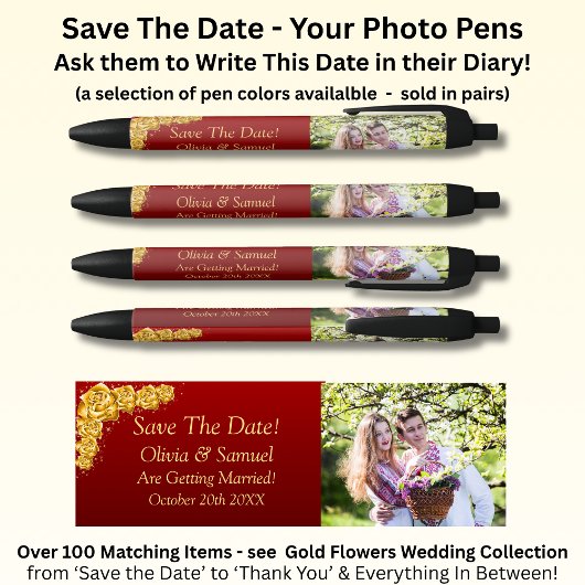Save The Date - Photo + Gold Flowers Maroon Red Zwarte Inkt Pen