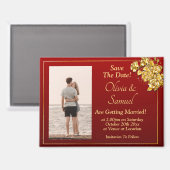 Save The Date Photo, Gold Flowers on Maroon Fridge Magneet (Voorkant / Achterkant)