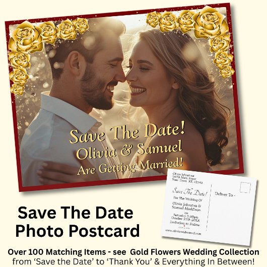 Save The Date, Photo - Gold Roses Maroon Red Aankondigingskaart