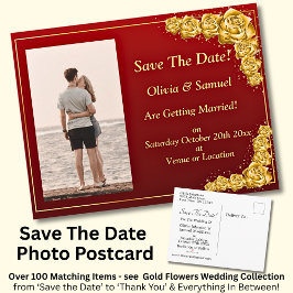 Save The Date, Photo - Gold Roses Maroon Red  Aankondigingskaart