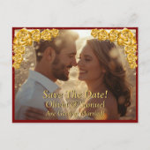 Save The Date, Photo - Gold Roses Maroon Red Aankondigingskaart (Voorkant)