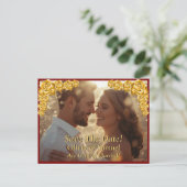 Save The Date, Photo - Gold Roses Maroon Red Aankondigingskaart (Staand voorkant)