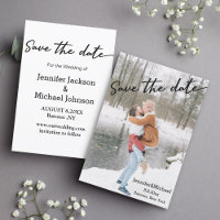 save the date,photo of couple kiss in snow