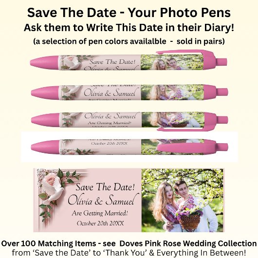 Save The Date - Photo + Pink Roses & Doves Wedding Zwarte Inkt Pen