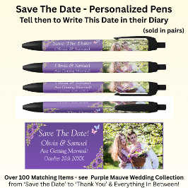 Save The Date - Photo + Purple Mauve Flowers Zwarte Inkt Pen