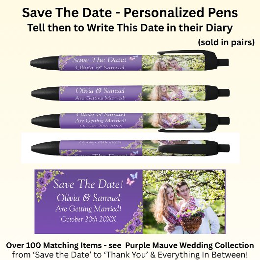 Save The Date - Photo + Purple Mauve Flowers Zwarte Inkt Pen