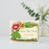 Save the Date Pink & Green Floral Photo Briefkaart (Staand voorkant)