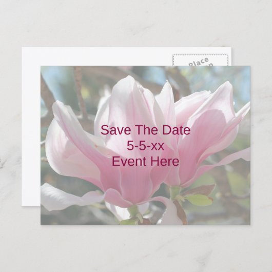 Save The Date Pink Magnolia Flower  Aankondigingskaart (Voorkant / Achterkant)