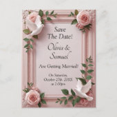 Save The Date - Pink Roses & Doves Wedding Aankondigingskaart (Voorkant)